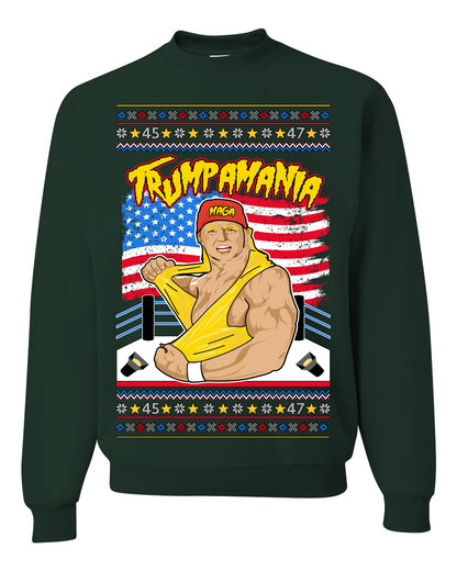 Trumpamania Funny Hogan 80s USA Wrestling Sports Parody, Donald Trump Vance 2024 Wrestler MAGA Make America Great Again, Ugly Christmas Sweater Ugly Christmas Unisex Crewneck Sweatshirt