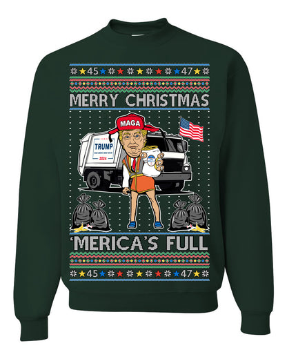 Donald Trump Merry Christmas Merica's Full, Cousin Eddie Christmas Vacation Garbage for Trump Funny Viral Meme, Ugly Christmas Sweater Ugly Christmas Unisex Crewneck Sweatshirt