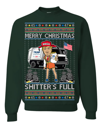 Donald Trump Merry Christmas Shitter's Full, Cousin Eddie Christmas Vacation Garbage for Trump Funny Viral Meme, Ugly Christmas Sweater Ugly Christmas Unisex Crewneck Sweatshirt