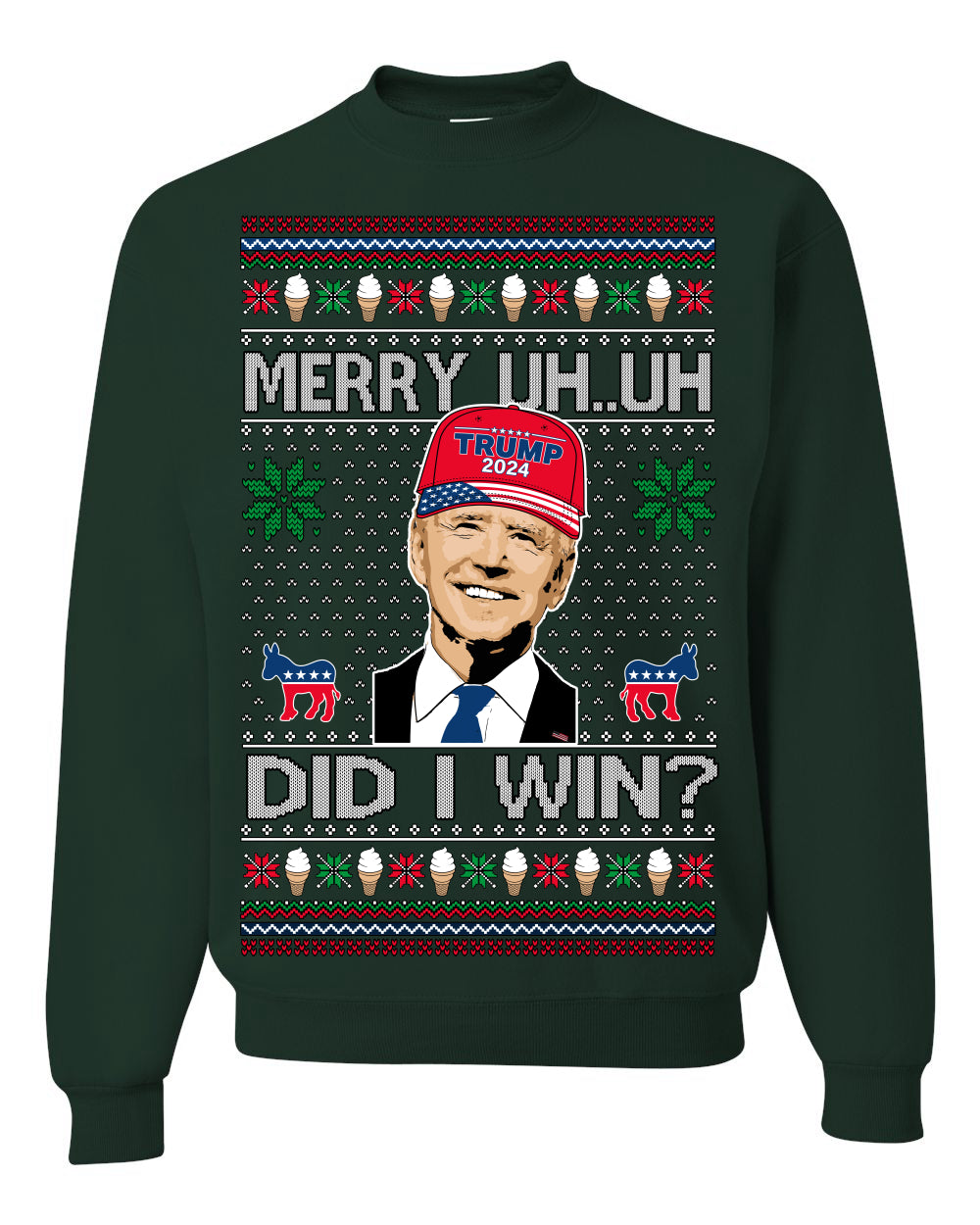 Merry Uh Did I Win? Funny Confused Joe Biden, Liberal Democrats Election 2024 Ugly Christmas Sweater Ugly Christmas Unisex Crewneck Sweatshirt