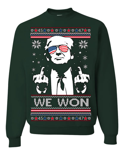 We Won Funny 45 47 President Trump Shot USA Glasses, 47th USA President of the United States, Gift for Republicans Conservatives Ugly Christmas Sweater Ugly Christmas Unisex Crewneck Sweatshirt