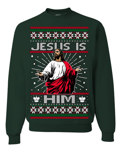 Jesus Is Him Funny Gen Z Viral Meme Shades, Religious Christ Christian Christianity Brain Rot Joke Slang Ugly Christmas Sweater Ugly Christmas Unisex Crewneck Sweatshirt