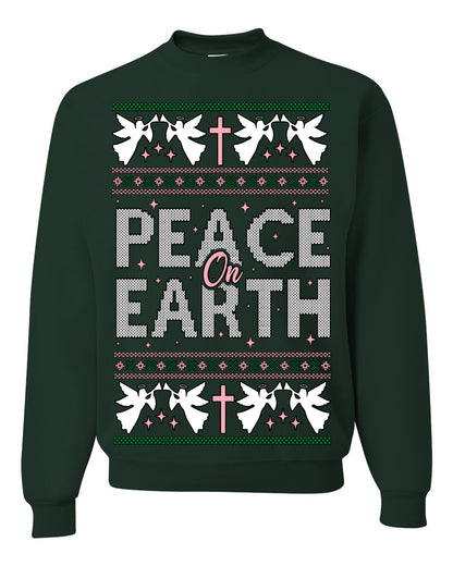 Peace On Earth Funny Xmas Cute Pink Angel Cross, Women Men Religious Christian Catholic Ugly Christmas Sweater Ugly Christmas Unisex Crewneck Sweatshirt