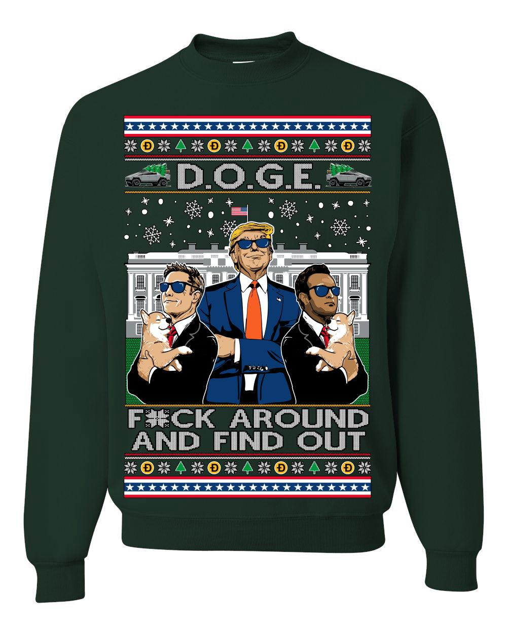 Doge F Around and Find Out Donald Trump Elon Vivek, Department of Govenmental Efficiency D.O.G.E. Republicans MAGA Ugly Christmas Sweater Ugly Christmas Unisex Crewneck Sweatshirt