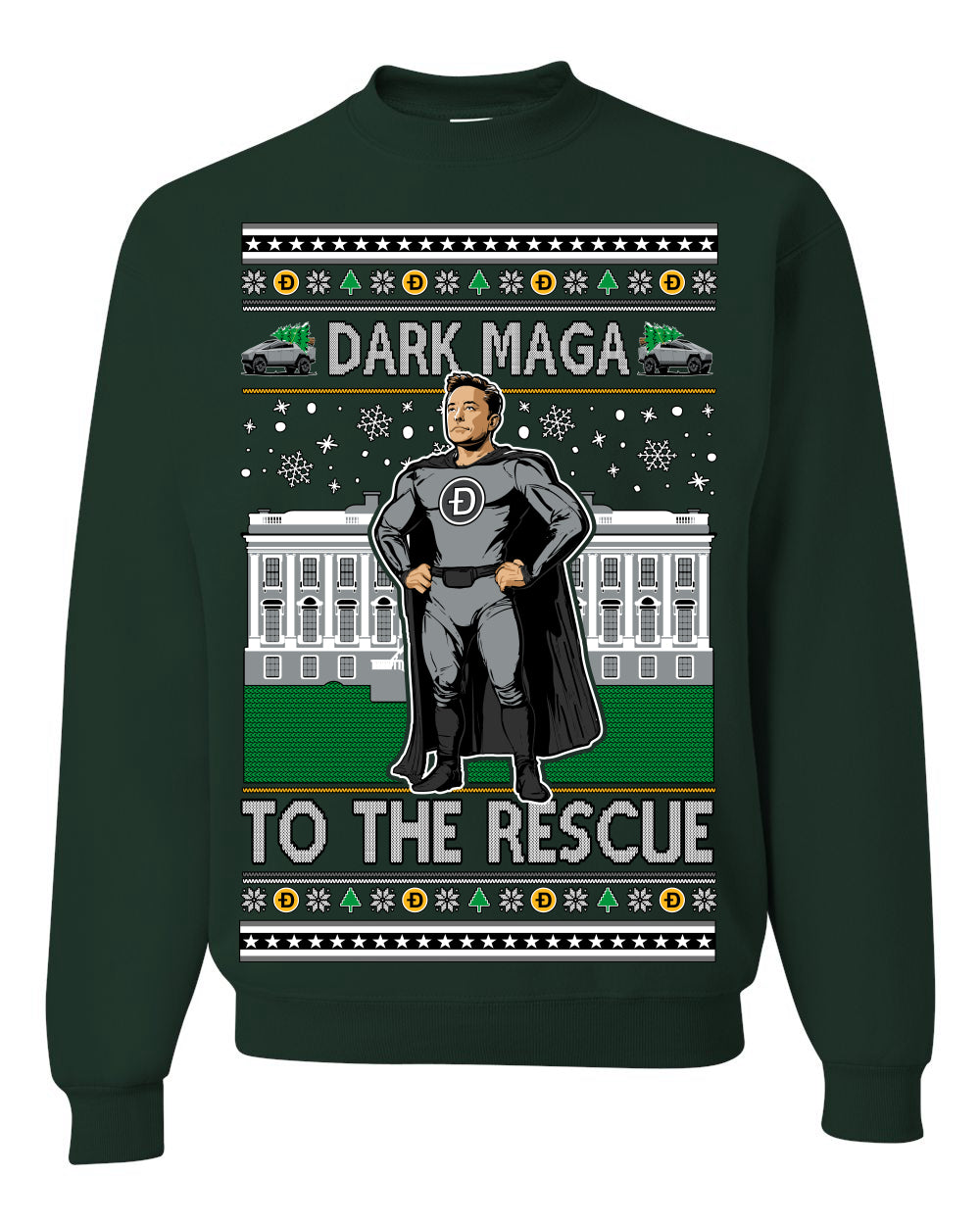 Dark MAGA to the Rescue, Elon Superhero Doge Crypto Dogecoin Make America Great Again Trump 2024 Ugly Christmas Sweater Ugly Christmas Unisex Crewneck Sweatshirt