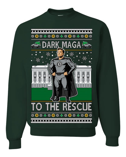 Dark MAGA to the Rescue, Elon Superhero Doge Crypto Dogecoin Make America Great Again Trump 2024 Ugly Christmas Sweater Ugly Christmas Unisex Crewneck Sweatshirt