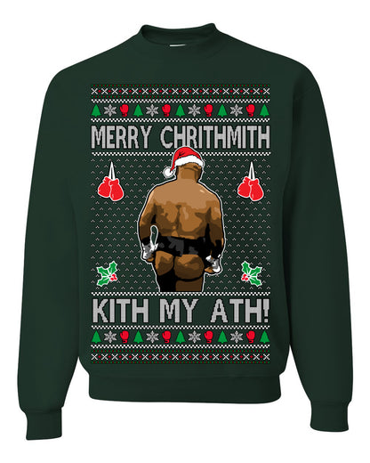 Merry Chrithmith Kith My Ath, Mike Tyson Butt Viral Kiss My Ass Boxing Fight Meme, Men Women Funny Ugly Christmas Sweater Ugly Christmas Unisex Crewneck Sweatshirt