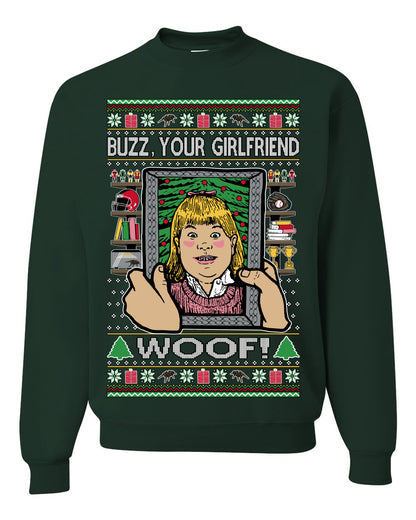 Buzz Your Girlfriend Woof, Funny 90s Chicago Xmas Movie Alone Kevin, Ugly Christmas Sweater Ugly Christmas Unisex Crewneck Sweatshirt
