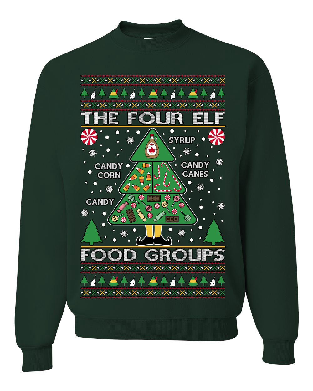 The Four Elf Food Groups, Peppermint Chocolate Candy Canes Syrup, Funny Ugly Christmas Sweater Ugly Christmas Unisex Crewneck Sweatshirt