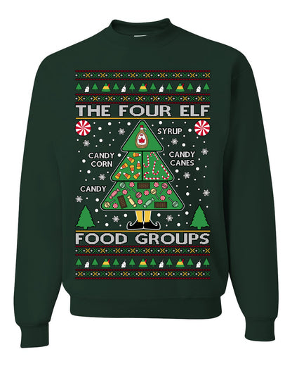 The Four Elf Food Groups, Peppermint Chocolate Candy Canes Syrup, Funny Ugly Christmas Sweater Ugly Christmas Unisex Crewneck Sweatshirt
