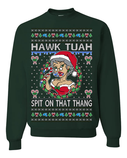 Hawk Tuah Spit On That Thang, Viral Hilarious Candy Cane Mrs Claus Funny Naughty Suck Meme, Ugly Christmas Sweater Ugly Christmas Unisex Crewneck Sweatshirt