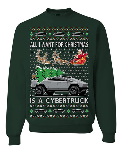 All I Want for Christmas is a Cybertruck, Funny Tech Cyber Truck Elon Musk Santa Claus Reindeer, Meme Ugly Christmas Sweater Ugly Christmas Unisex Crewneck Sweatshirt