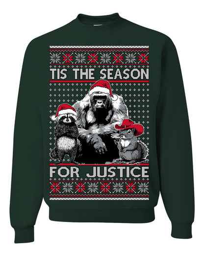 Tis the Season For Justice, RIP Harambe Peanut the Squirrel Fred Raccoon Viral Save our Pets Meme, Ugly Christmas Sweater Ugly Christmas Unisex Crewneck Sweatshirt