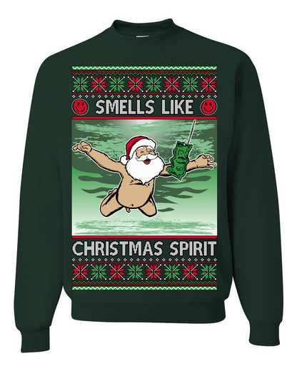 Smells Like Christmas Spirit, Funny Santa Claus Classic 90s Alternative Rock Album Cover Music Parody Ugly Christmas Sweater Ugly Christmas Unisex Crewneck Sweatshirt