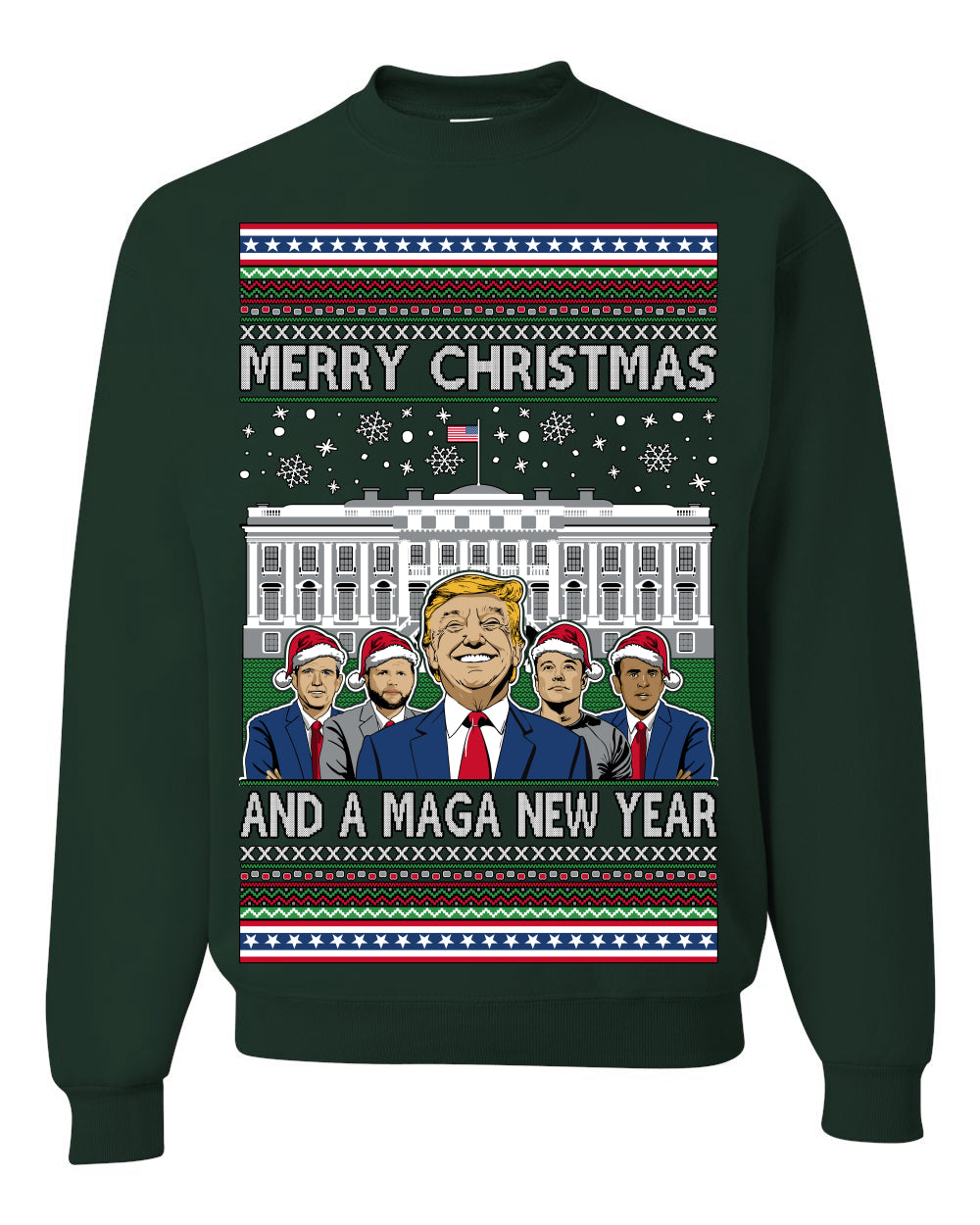 Merry Christmas and a MAGA New Year 2025, Trump Vance Administration 45 47 Make America Great Again USA Ugly Christmas Sweater Ugly Christmas Unisex Crewneck Sweatshirt