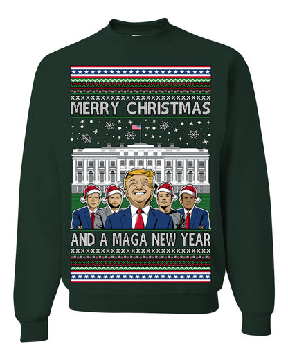 Merry Christmas and a MAGA New Year 2025, Trump Vance Administration 45 47 Make America Great Again USA Ugly Christmas Sweater Ugly Christmas Unisex Crewneck Sweatshirt