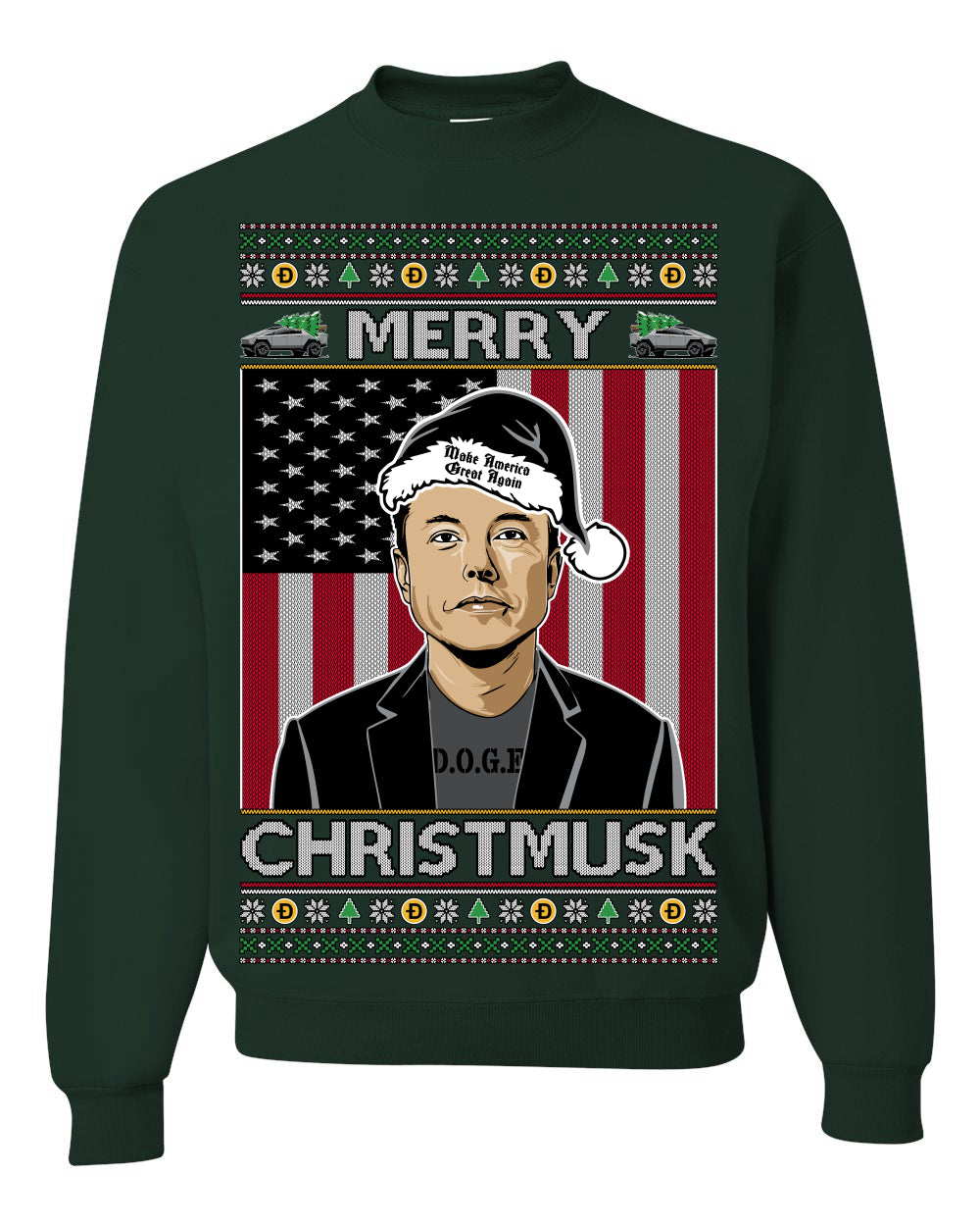 Merry Christmusk Funny Dark MAGA Santa Elon Doge Meme, Crypto Dogecoin America First USA Republican Ugly Christmas Sweater Ugly Christmas Unisex Crewneck Sweatshirt