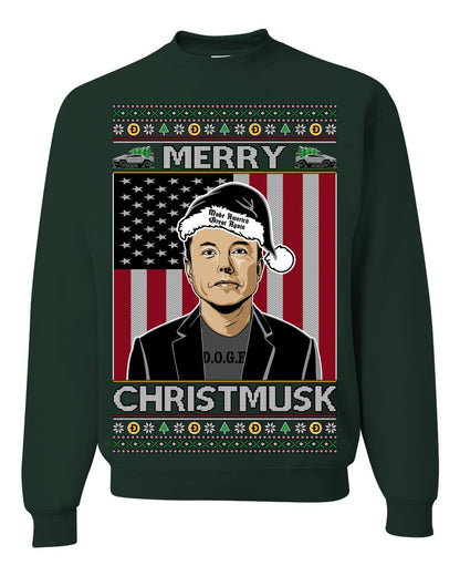 Merry Christmusk Funny Dark MAGA Santa Elon Doge Meme, Crypto Dogecoin America First USA Republican Ugly Christmas Sweater Ugly Christmas Unisex Crewneck Sweatshirt