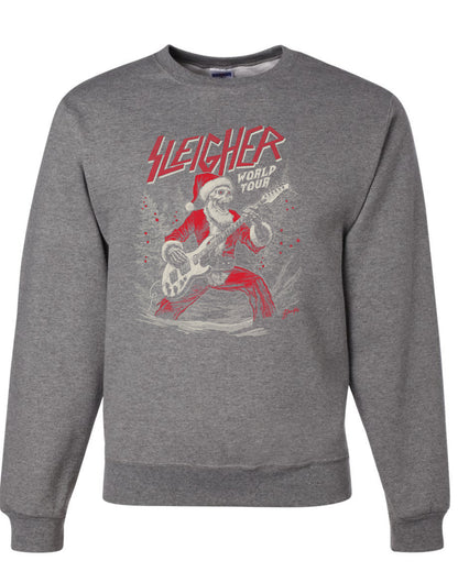 Sleigher World Tour | Funny Heavy Metal Electric Rock Guitar Skull Santa Claus Xmas North Pole Ugly Christmas Unisex Crewneck Sweatshirt