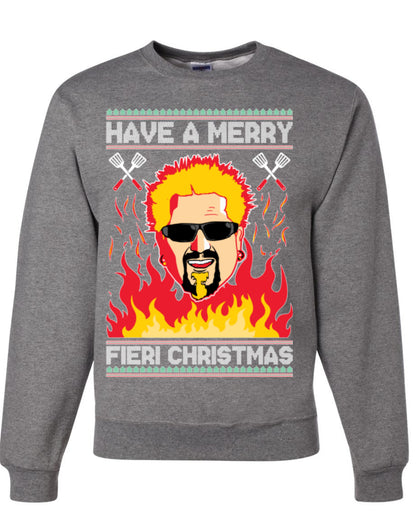 Have a Merry Fieri Christmas, Viral Grocery Games Meme, Flavor Fire Tequila TV Chef Ugly Christmas Sweater Ugly Christmas Unisex Crewneck Sweatshirt
