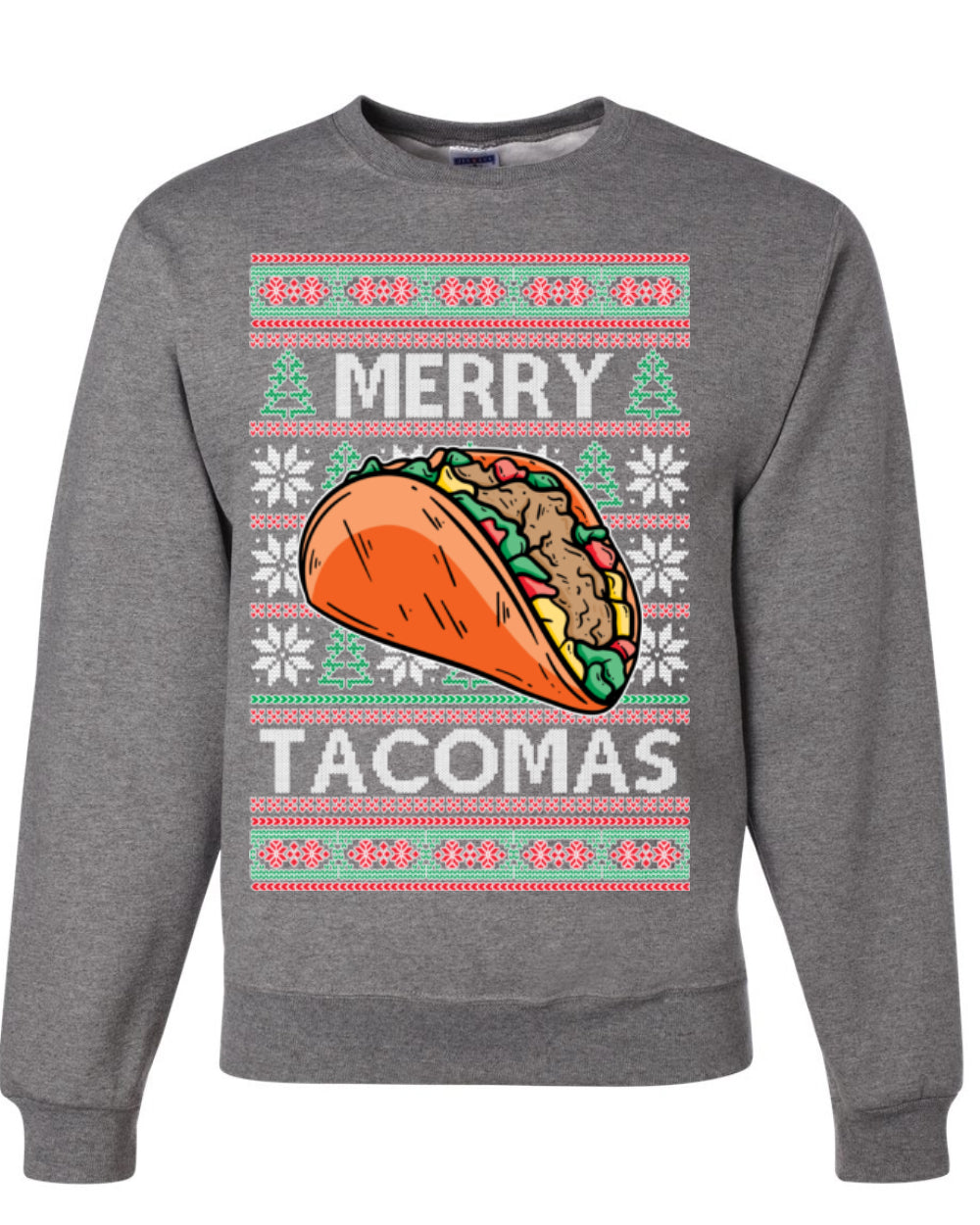 Merry Tacomas, Funny Xmas Al Pastor Barbacoa Chicken Pork Beef Carnitas Pollo Taco Guac, Spanish Mexican Food Ugly Christmas Sweater Ugly Christmas Unisex Crewneck Sweatshirt