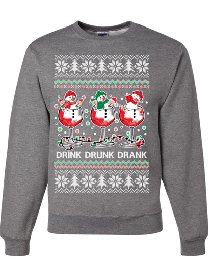 Drink Drank Drunk Funny Snowman, Funny Cocktail Wine Beer Alcohol Candy Cane Mixed Drinks Bar Crawl, Ugly Christmas Sweater Ugly Christmas Unisex Crewneck Sweatshirt