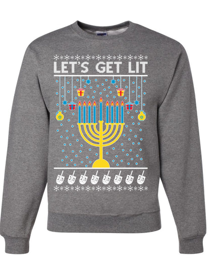 Let's Get Lit, Funny Chanukah Menorah Winter Jewish Holidays, Hanukkah Ugly Christmas Sweater Ugly Christmas Unisex Crewneck Sweatshirt