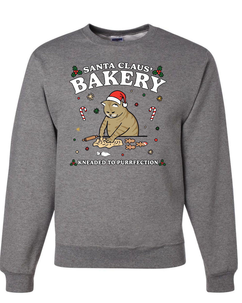 Santa Claus Bakery | Bread Kneaded to Purrfection, Funny Cute Cat Chef Baker Joke Ugly Christmas Unisex Crewneck Sweatshirt