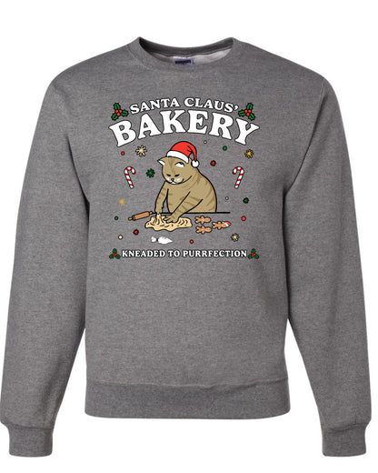 Santa Claus Bakery | Bread Kneaded to Purrfection, Funny Cute Cat Chef Baker Joke Ugly Christmas Unisex Crewneck Sweatshirt