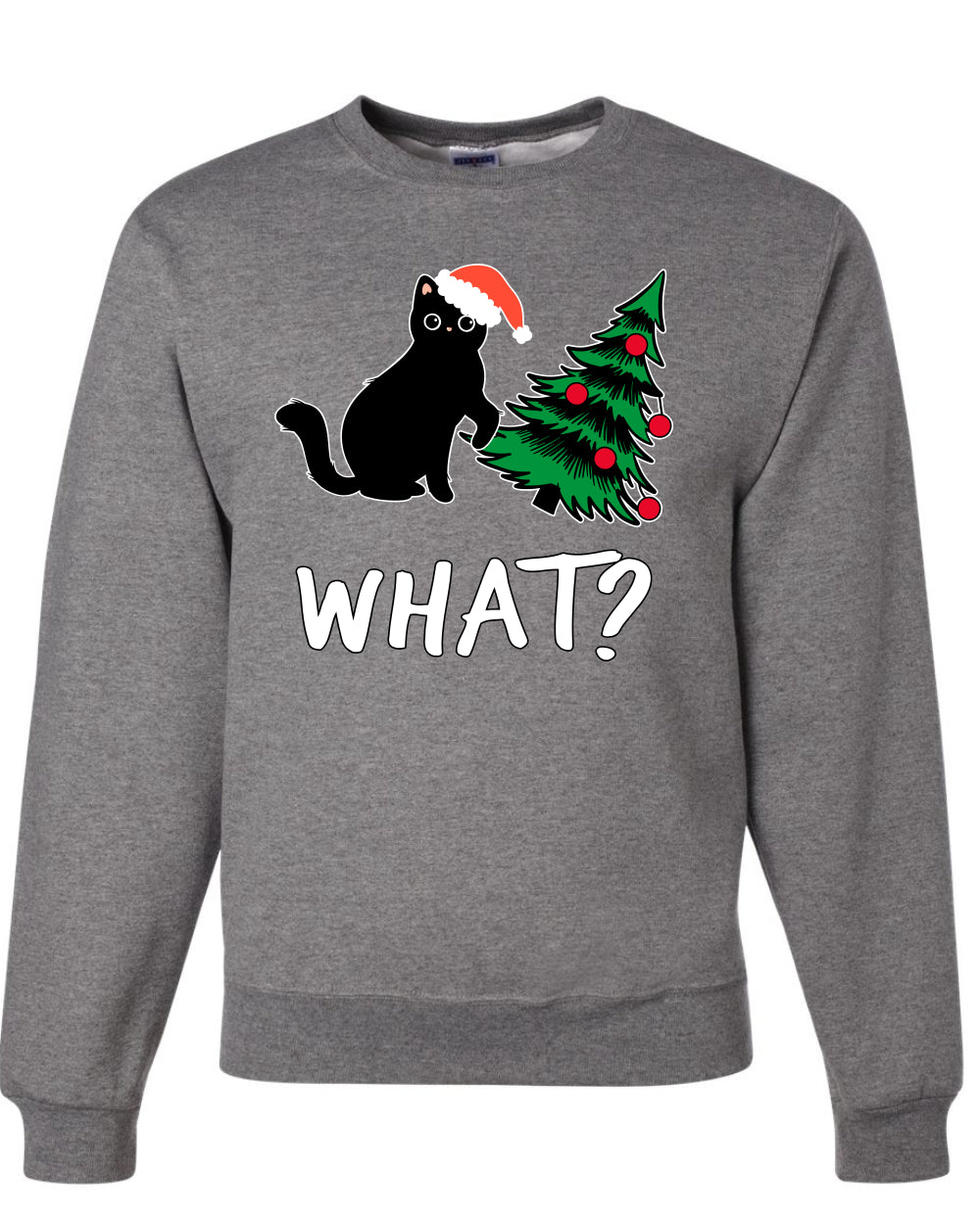 What? Funny Guilty Santa Cat Christmas Tree Mischief Pet Humor Ugly Christmas Unisex Crewneck Sweatshirt