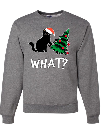 What? Funny Guilty Santa Cat Christmas Tree Mischief Pet Humor Ugly Christmas Unisex Crewneck Sweatshirt