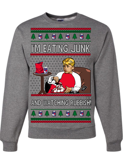 I'm Eating Junk and Watching Rubbish, Classic 90s Xmas Kevin Movie Ice Cream Soda Alone Movies, Ugly Christmas Sweater Ugly Christmas Unisex Crewneck Sweatshirt