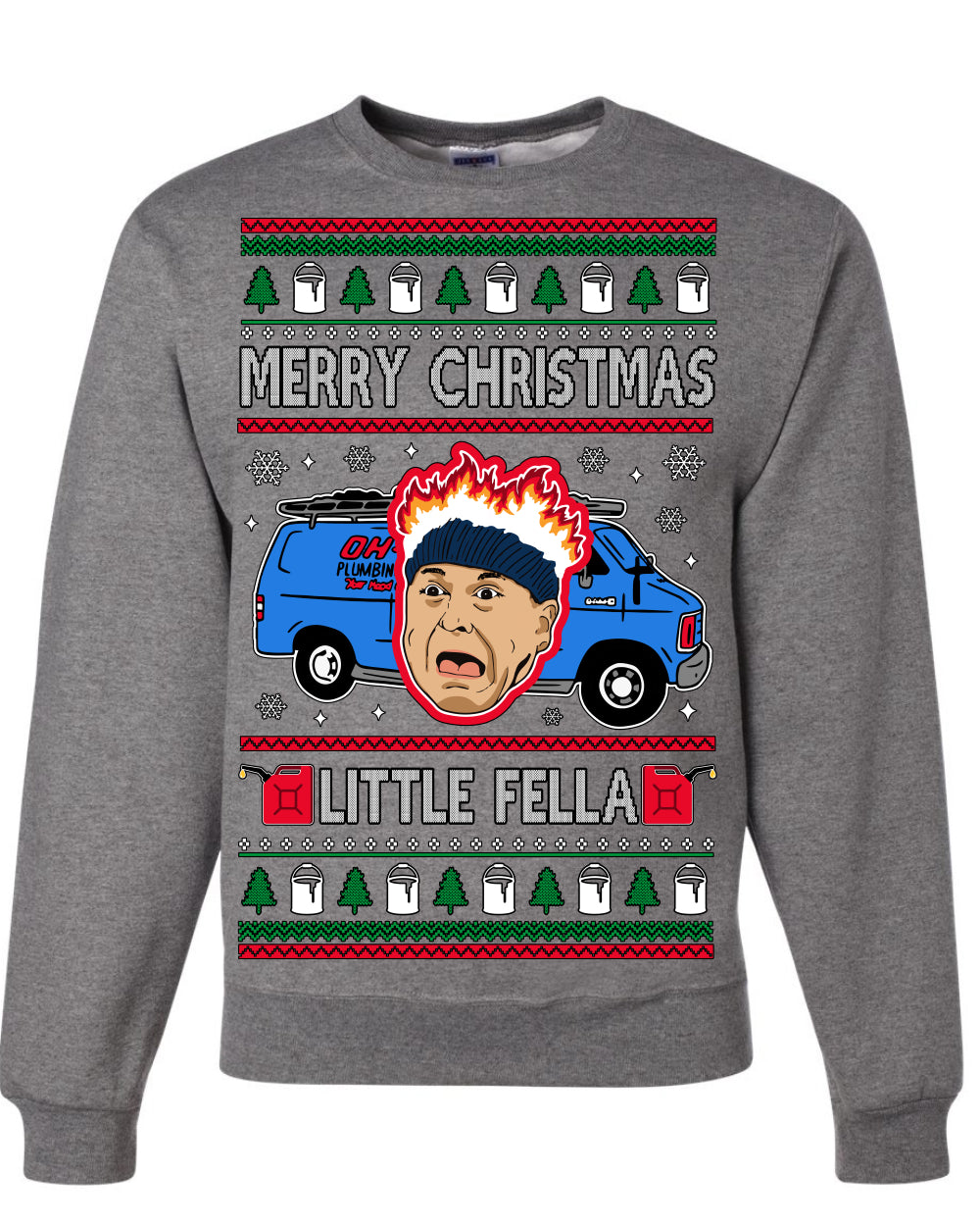 Merry Christmas Little Fella, Classic Funny 90s Harry Kevin Fire Plumbing Van Bandits, Movie Quote Ugly Christmas Sweater Ugly Christmas Unisex Crewneck Sweatshirt
