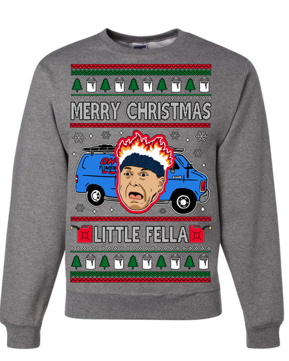 Merry Christmas Little Fella, Classic Funny 90s Harry Kevin Fire Plumbing Van Bandits, Movie Quote Ugly Christmas Sweater Ugly Christmas Unisex Crewneck Sweatshirt