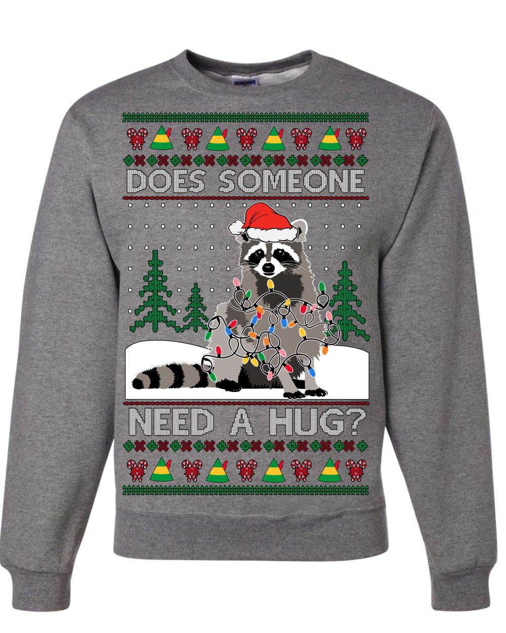 Does Someone Need a Hug? Funny Cute Santa Trash Panda Raccoon, Viral Meme Xmas Lights  Ugly Christmas Unisex Crewneck Sweatshirt