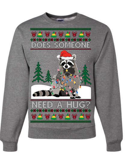 Does Someone Need a Hug? Funny Cute Santa Trash Panda Raccoon, Viral Meme Xmas Lights  Ugly Christmas Unisex Crewneck Sweatshirt