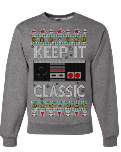 Keep It Classic 80s Video Game Controller, Retro Vintage Games  | Funny Ugly Christmas Sweater Crewneck Sweatshirt Ugly Christmas Unisex Crewneck Sweatshirt