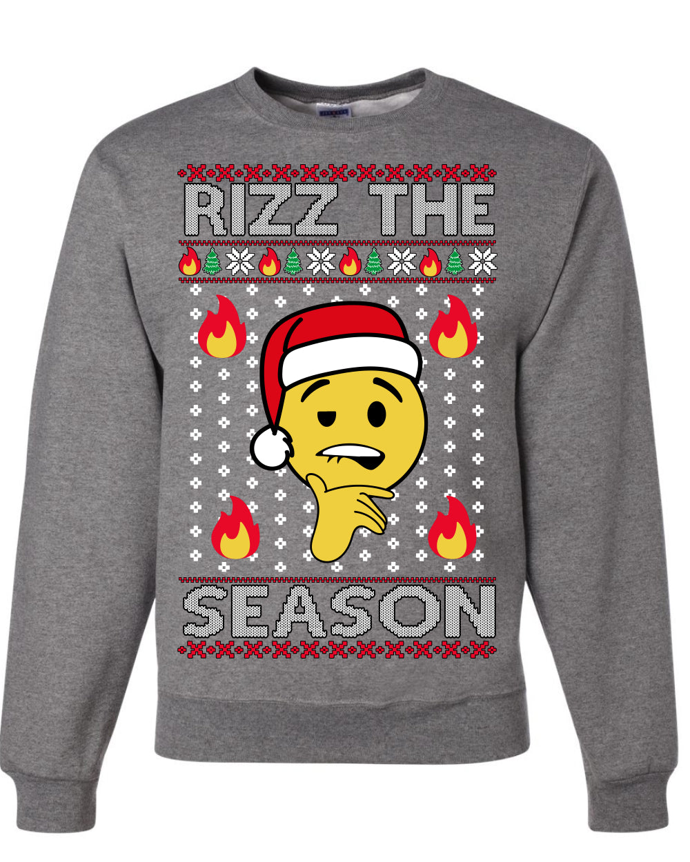Rizz the Season, Viral Internet Fire Emoji Face Meme Romance Slang, Ugly Christmas Sweater Ugly Christmas Unisex Crewneck Sweatshirt