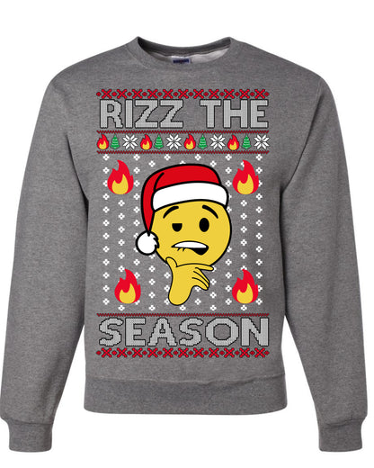 Rizz the Season, Viral Internet Fire Emoji Face Meme Romance Slang, Ugly Christmas Sweater Ugly Christmas Unisex Crewneck Sweatshirt