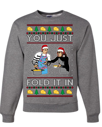 You Just Fold It In, Funny Cooking Enchilada Moira David Schitt's TV Show Sitcom Santa Hat, Ugly Christmas Sweater Ugly Christmas Unisex Crewneck Sweatshirt