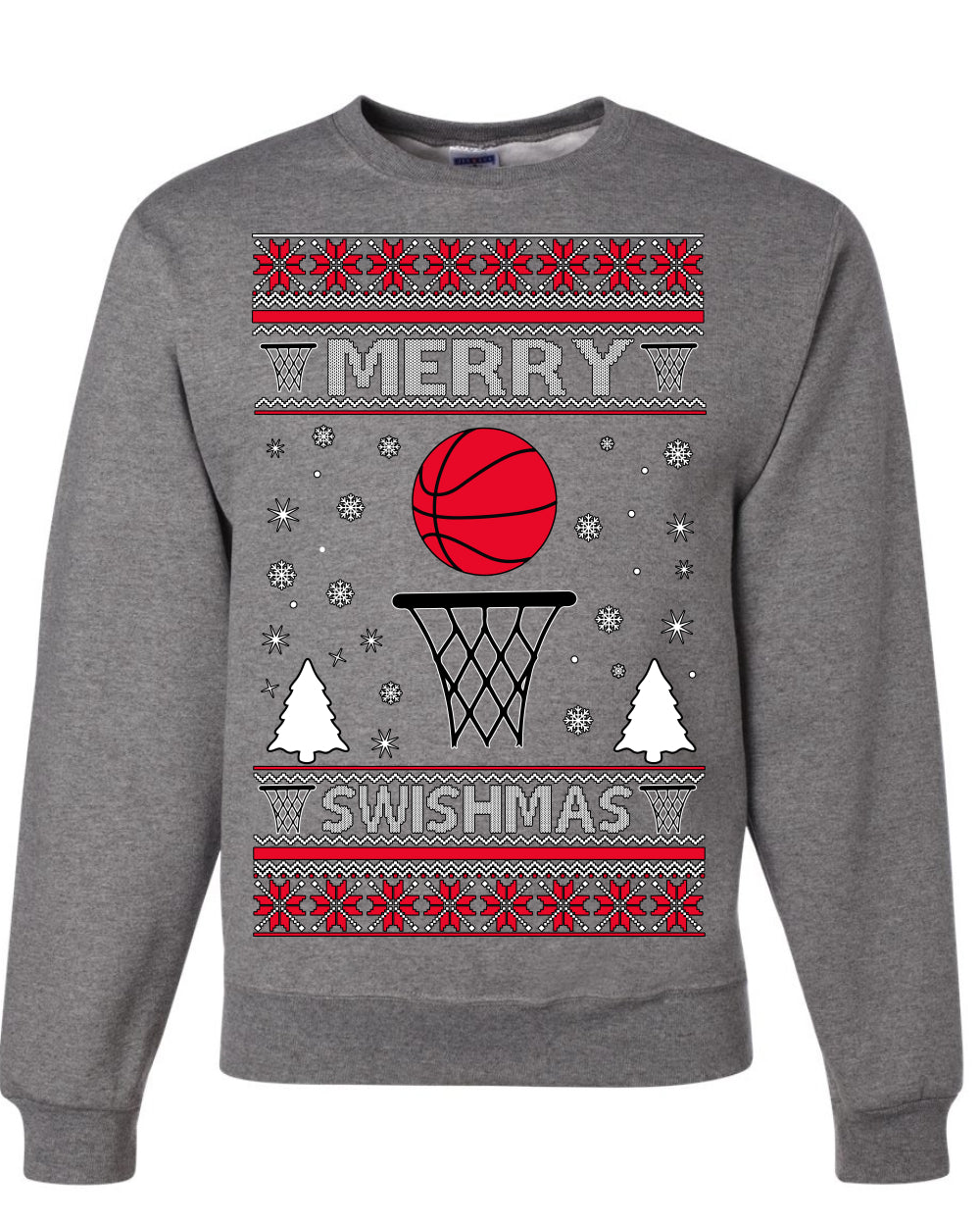 Merry Swishmas Basketball Sports Fan, Teen Sport Player Boys Girls Adult | Ugly Christmas Sweater Crewneck Sweatshirt Ugly Christmas Unisex Crewneck Sweatshirt