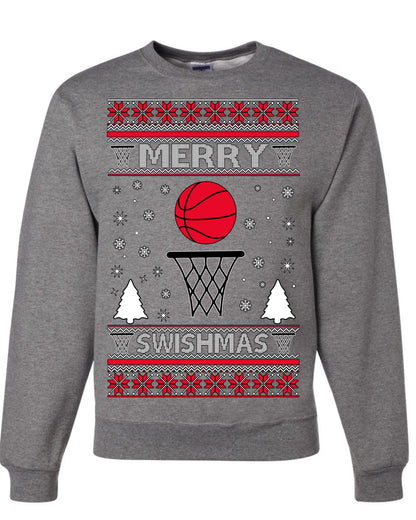 Merry Swishmas Basketball Sports Fan, Teen Sport Player Boys Girls Adult | Ugly Christmas Sweater Crewneck Sweatshirt Ugly Christmas Unisex Crewneck Sweatshirt