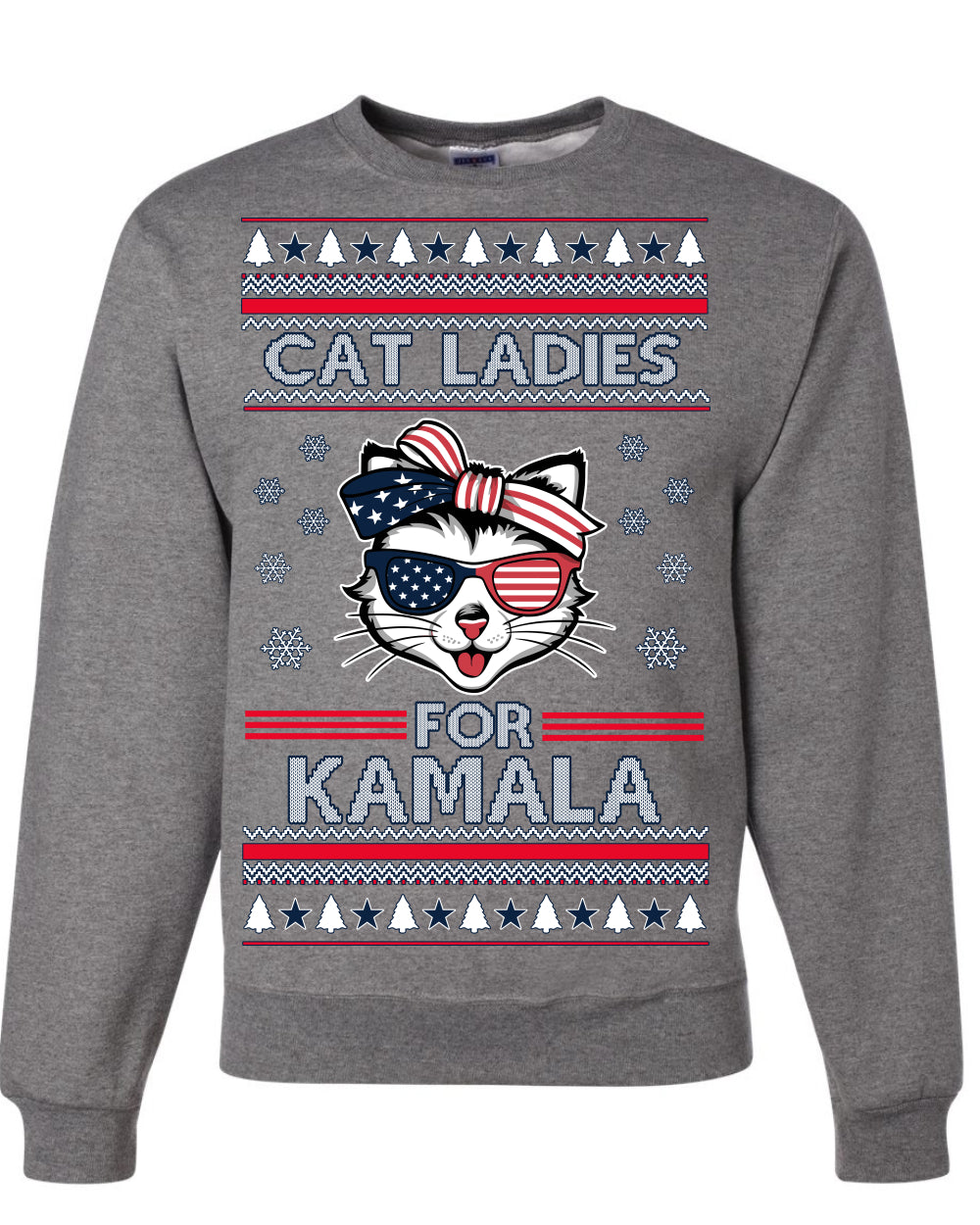 Cat Ladies for Kamala USA Glasses, Harris Tim Walz 2024 Cute USA Glasses Bow, Ugly Christmas Sweater Crewneck Sweatshirt Ugly Christmas Unisex Crewneck Sweatshirt
