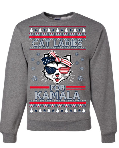 Cat Ladies for Kamala USA Glasses, Harris Tim Walz 2024 Cute USA Glasses Bow, Ugly Christmas Sweater Crewneck Sweatshirt Ugly Christmas Unisex Crewneck Sweatshirt