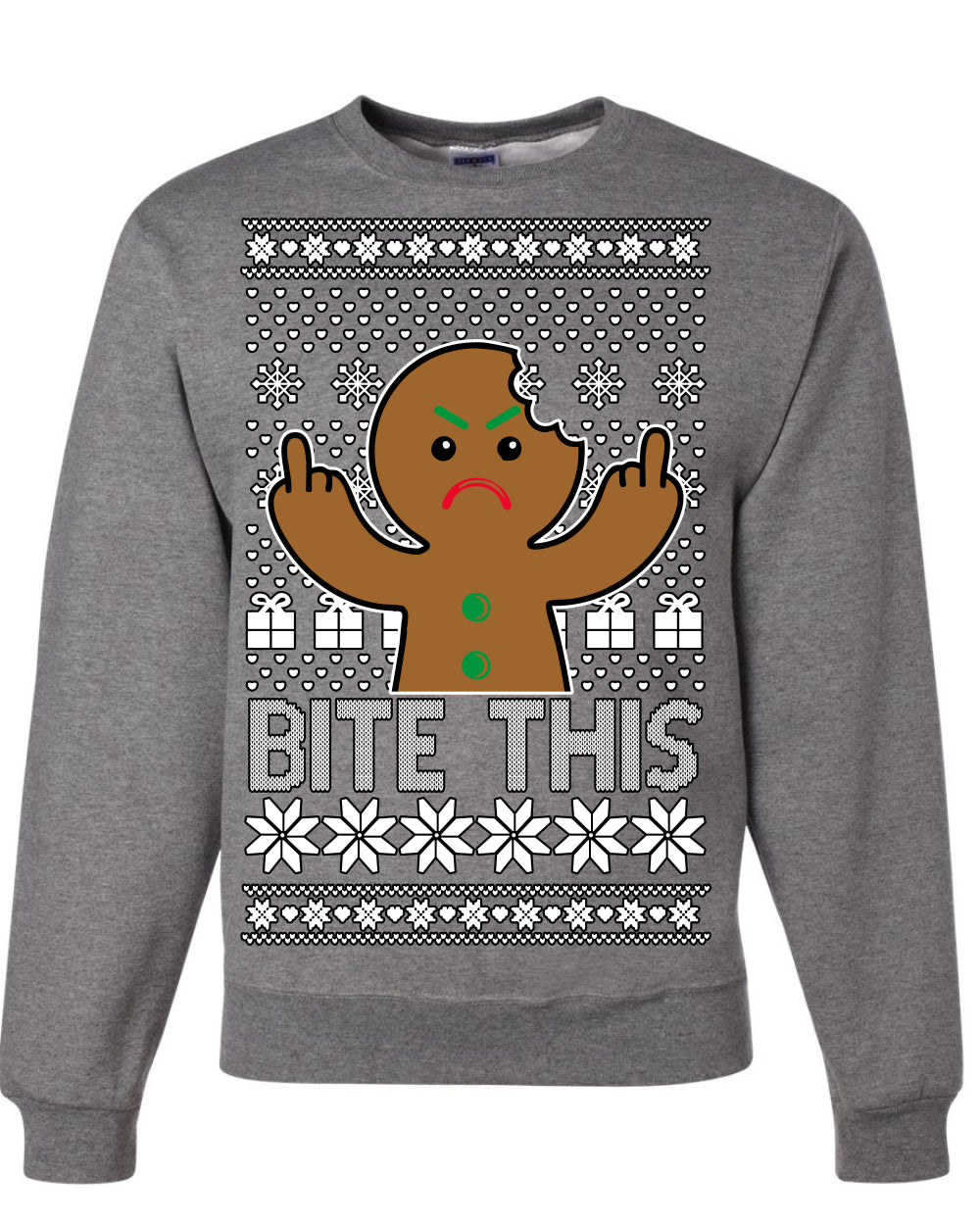 Bite This, Funny Gingerbread Cookie Offensive Inappropriate Middle Finger, F U Ginger Bread Dirty Novelty Xmas Ugly Christmas Sweater Ugly Christmas Unisex Crewneck Sweatshirt