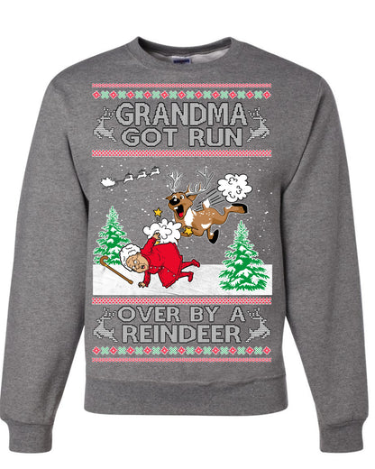 Grandma Got Run Over by a Reindeer, Funny Animated Design Rein Deer Kids TV Song Movie, Ugly Christmas Sweater Ugly Christmas Unisex Crewneck Sweatshirt