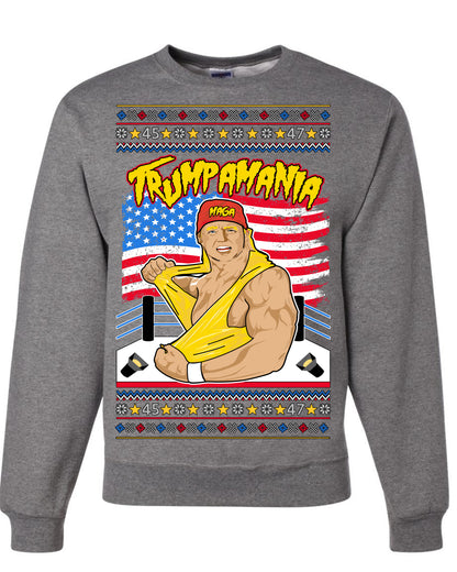 Trumpamania Funny Hogan 80s USA Wrestling Sports Parody, Donald Trump Vance 2024 Wrestler MAGA Make America Great Again, Ugly Christmas Sweater Ugly Christmas Unisex Crewneck Sweatshirt