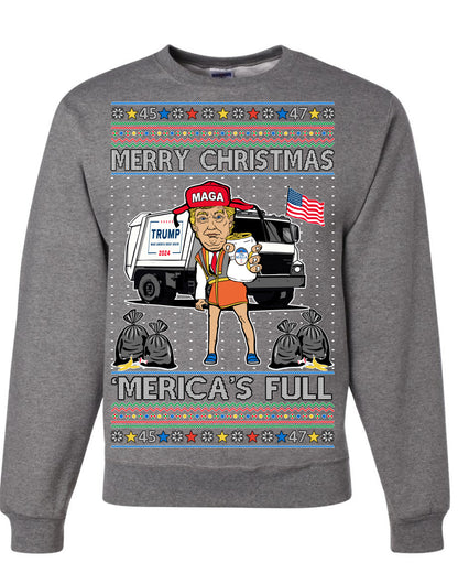 Donald Trump Merry Christmas Merica's Full, Cousin Eddie Christmas Vacation Garbage for Trump Funny Viral Meme, Ugly Christmas Sweater Ugly Christmas Unisex Crewneck Sweatshirt