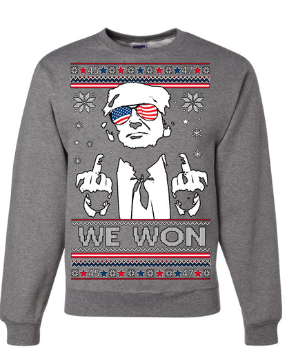 We Won Funny 45 47 President Trump Shot USA Glasses, 47th USA President of the United States, Gift for Republicans Conservatives Ugly Christmas Sweater Ugly Christmas Unisex Crewneck Sweatshirt