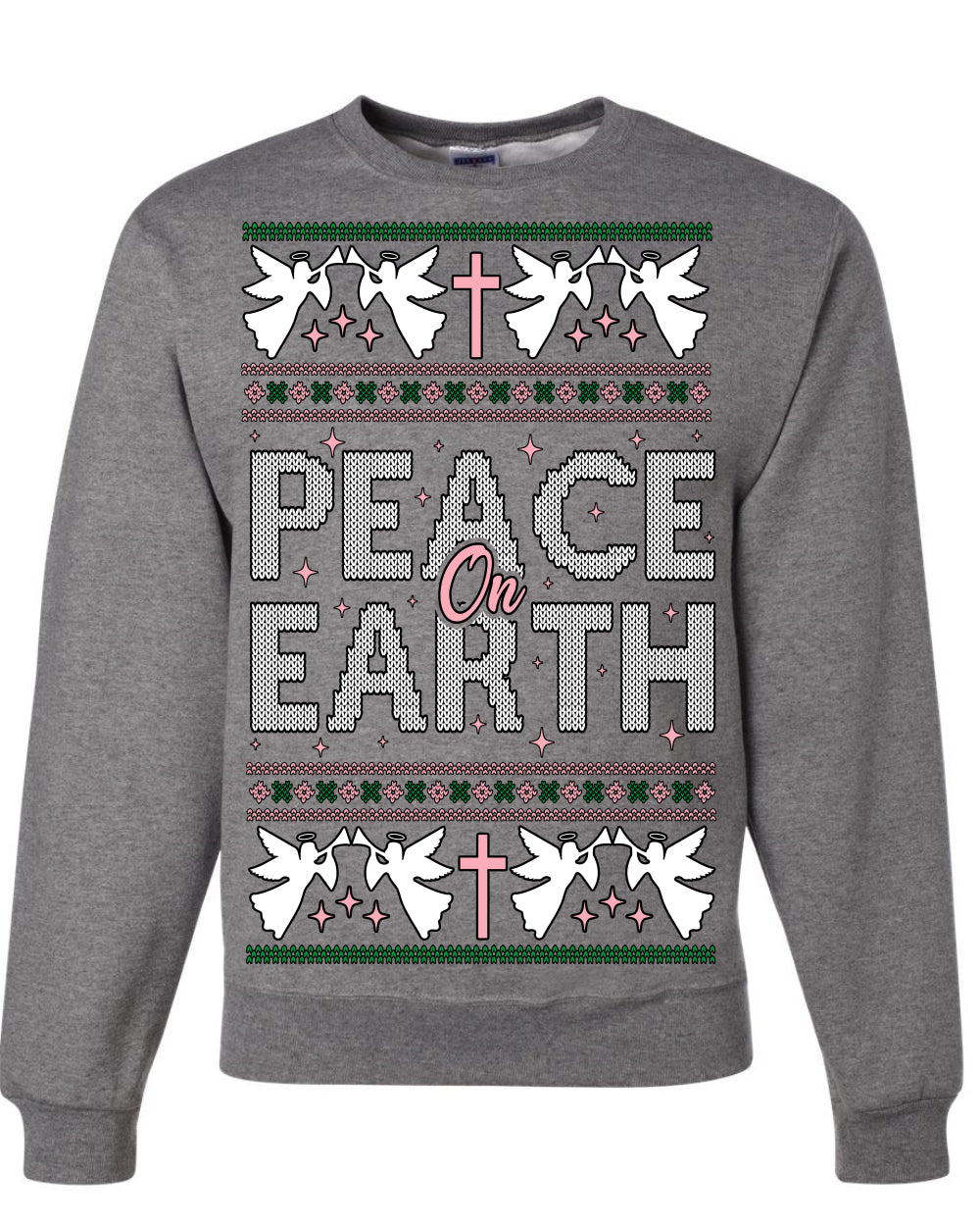 Peace On Earth Funny Xmas Cute Pink Angel Cross, Women Men Religious Christian Catholic Ugly Christmas Sweater Ugly Christmas Unisex Crewneck Sweatshirt